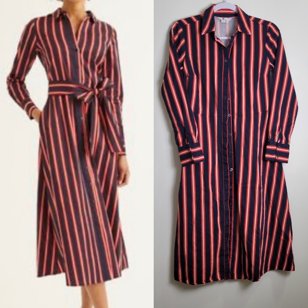Boden Navy and Coral Stripe Midi Shirt Dress
